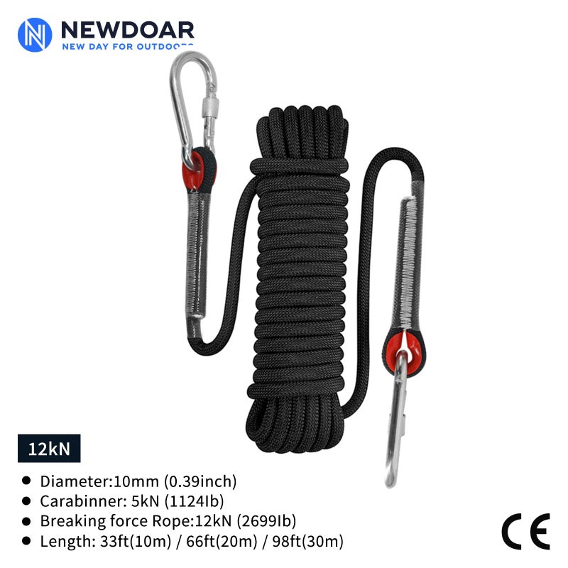 Newdoar حبل تسلق نيو دوار 8(5/16 بوصة)، 10 مم (3/8 بوصة)، حبل ملحقات عالي القوة مع 2 خطاف فولاذي، لحبل إنقاذ خارجي للتسلق على المنحدرات ومعدات الهروب الآمن (أسود) - Image 2